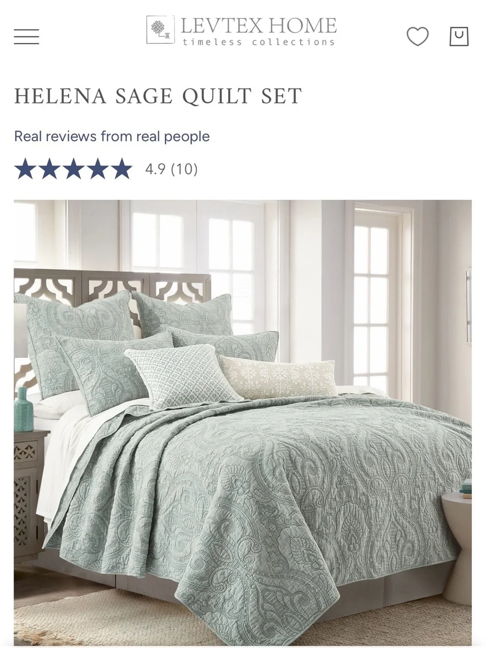 Levtex Sage Quilted Comforter 3 pcs. Set…🍈 100% cotton
